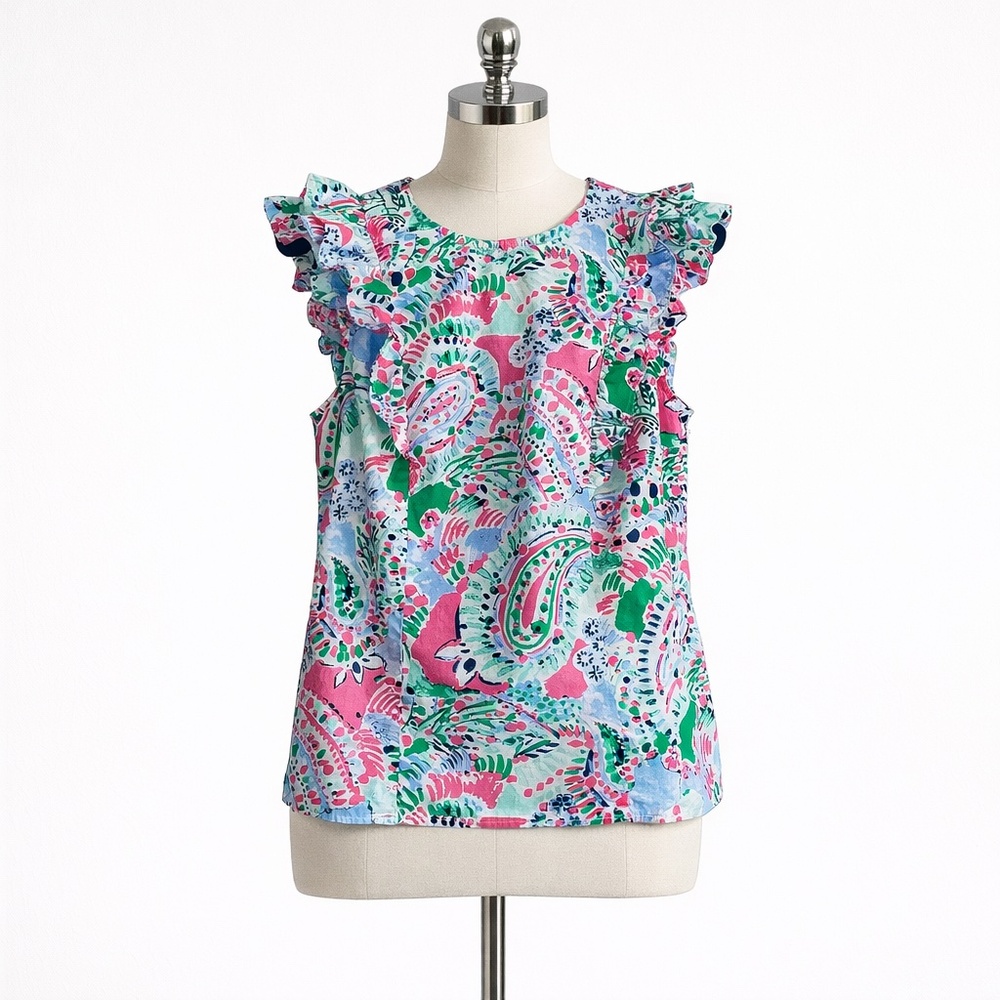 Crown & Ivy Women's Small Colorful Paisley 100% Cotton Preppy Top Ruffles & Bow